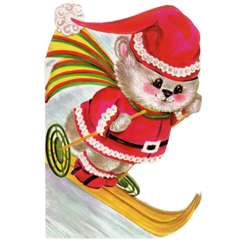 Santa Claus Animal Skiing Ski Slope Christmas Greeting Card Die Cut Unused