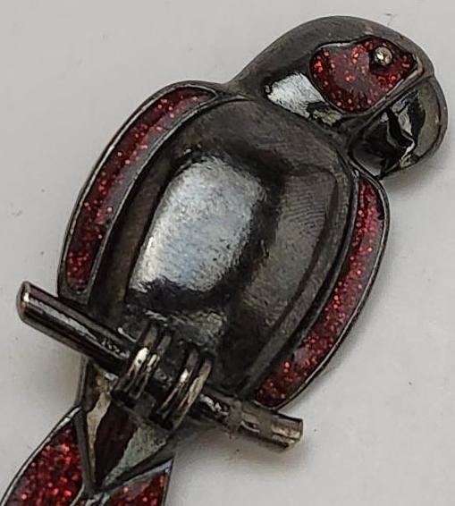 Image 1 of Vintage Parrot Brooch JJ Jonette Signed Jewelry Red Charcoal Gray Black Bird Pin