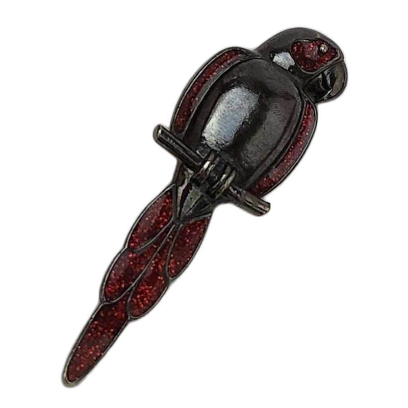 Vintage Parrot Brooch JJ Jonette Signed Jewelry Red Charcoal Gray Black Bird Pin