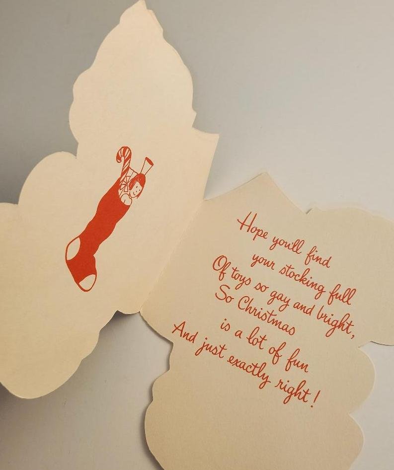 Image 1 of True Vintage Merry Christmas Greeting Card Blonde Girl w/ Stocking Toys Unused