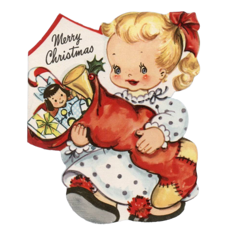 True Vintage Merry Christmas Greeting Card Blonde Girl w/ Stocking Toys Unused