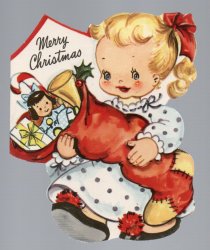 True Vintage Merry Christmas Greeting Card Blonde Girl w/ Stocking Toys Unused