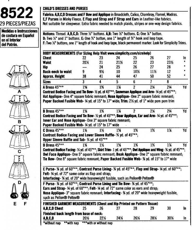 Image 1 of Girls Dresses Purse Sewing Pattern 8522 Simplicity Embellished Applique Sz 3 - 8
