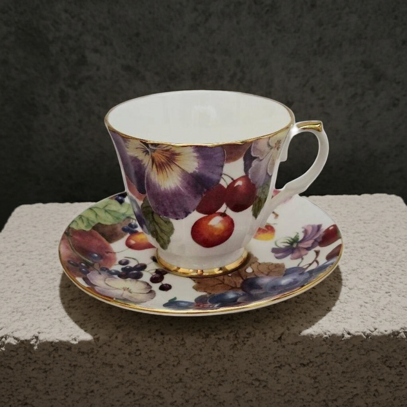 Image 0 of Teacup & Saucer Fruit Pansy Floral Wood Anemone by Duchess England Bone China