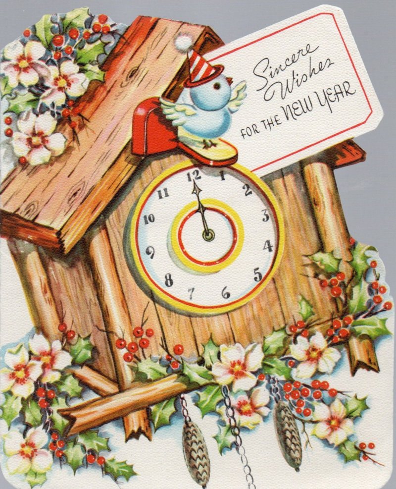 Image 0 of True Vintage DA Line Happy New Year Greeting Card Cuckoo Clock 12 o'clock Unused