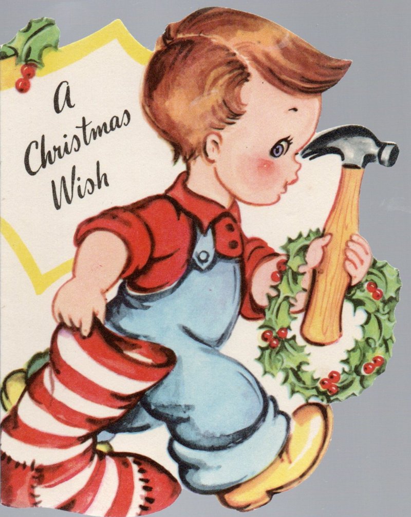 Image 0 of Vintage Little Boy Greeting Card Holding a Hammer Tool Christmas Holly Card