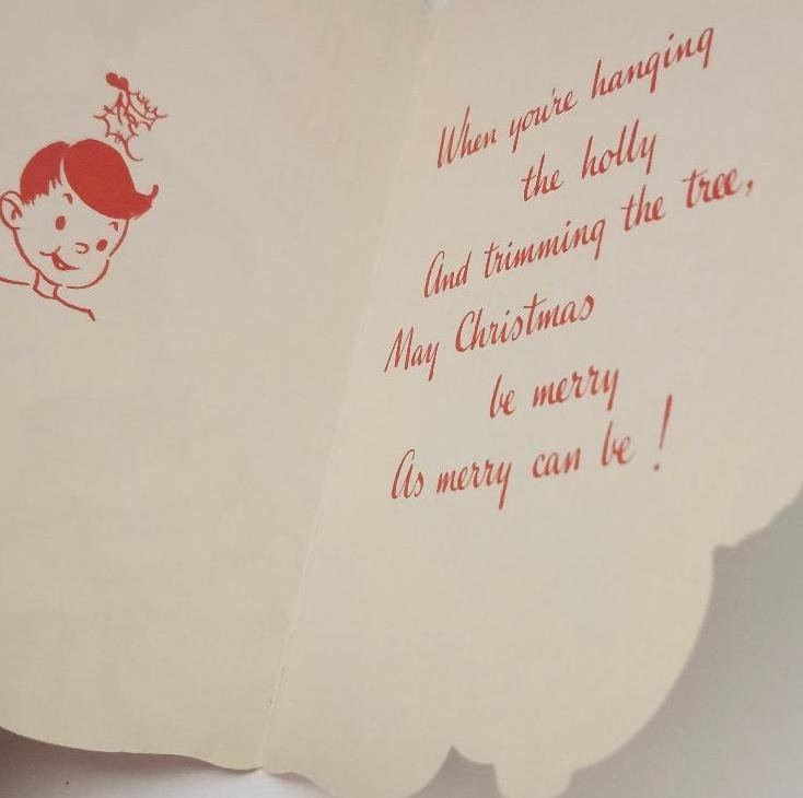 Image 1 of Vintage Little Boy Greeting Card Holding a Hammer Tool Christmas Holly Card