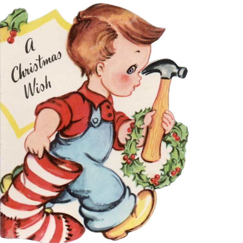 Vintage Little Boy Greeting Card Holding a Hammer Tool Christmas Holly Card