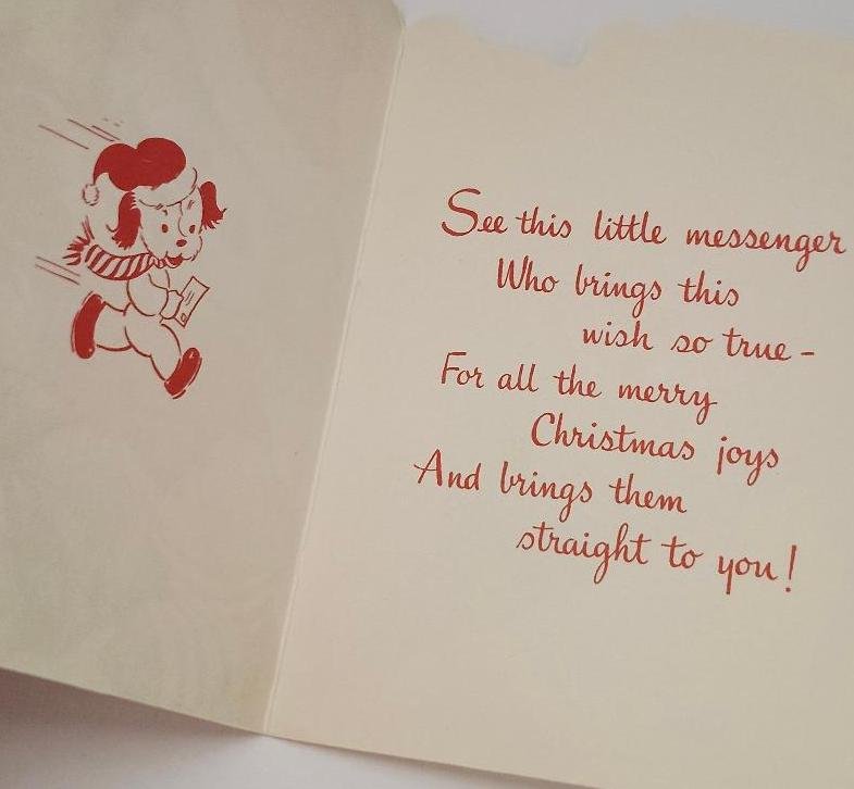 Image 1 of Vintage Puppy Dog Greeting Card Merry Christmas Poinsette Greeting Card