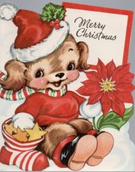 Vintage Puppy Dog Greeting Card Merry Christmas Poinsette Greeting Card