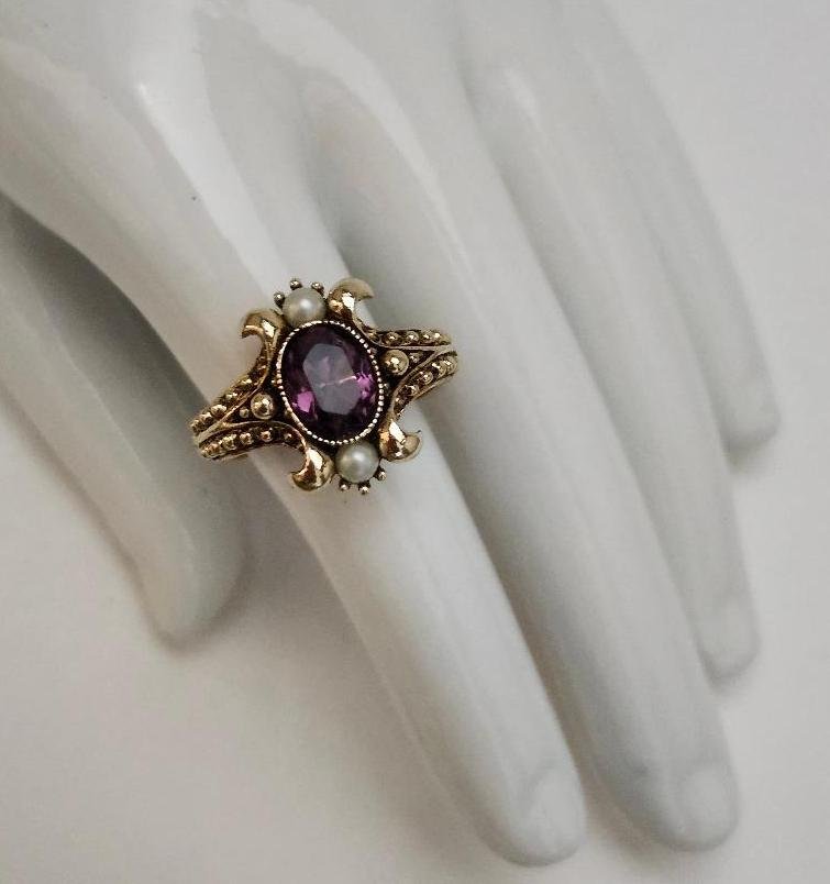 Image 2 of Vintage Avon Victorian Revival Purple Glass Faux Pearl Gold Tone Adjustable Ring