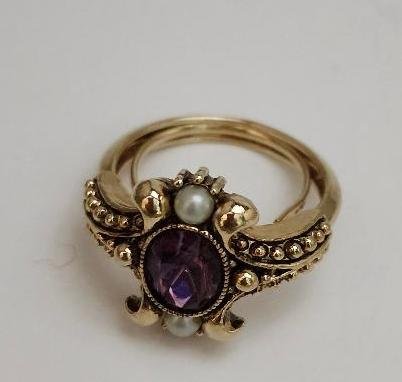 Image 4 of Vintage Avon Victorian Revival Purple Glass Faux Pearl Gold Tone Adjustable Ring