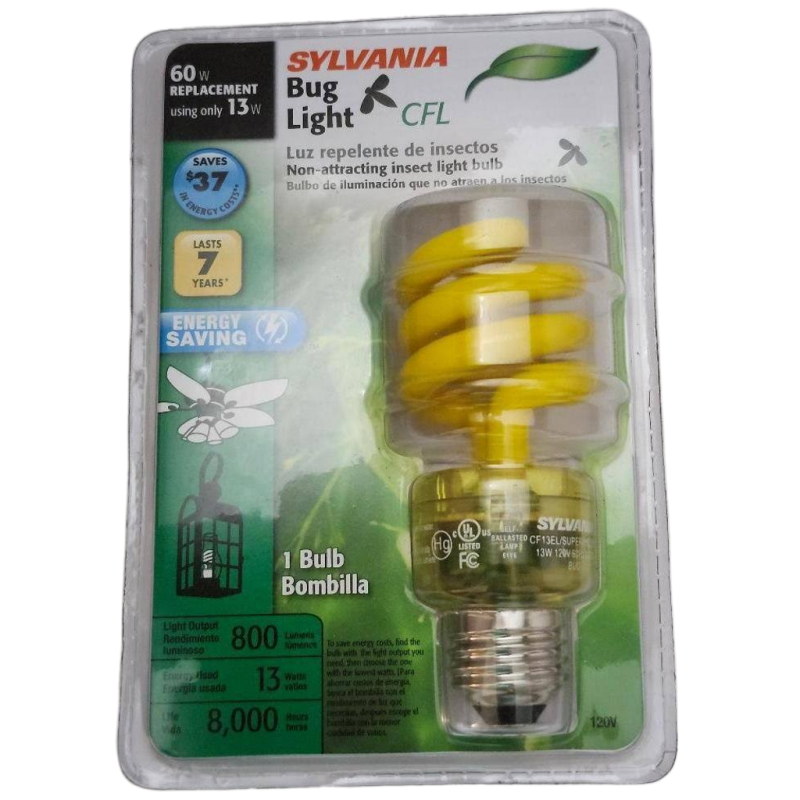 Spiral Yellow Insect Light Bulb Sylvania 60W Replacement Using 13W Bug Light 