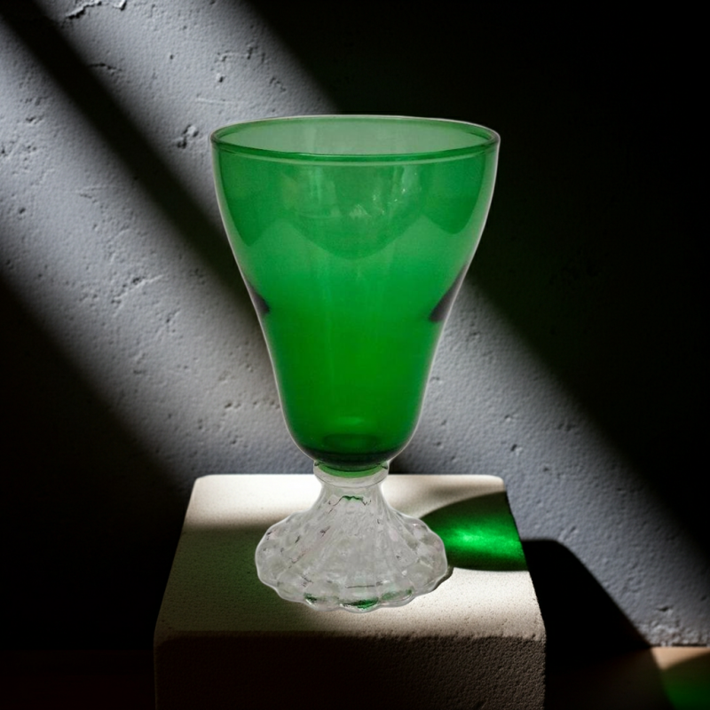 Anchor Hocking Goblet Emerald Green MCM Boopie Clear Bubble Foot 1950s 1970s