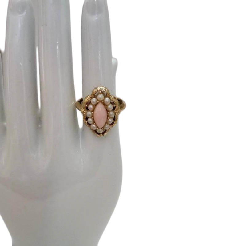 Vintage Avon Ring Serena Gold Tone Faux Pink Coral Marquise Stone Faux Pearls