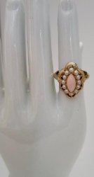 Vintage Avon Ring Serena Gold Tone Faux Pink Coral Marquise Stone Faux Pearls