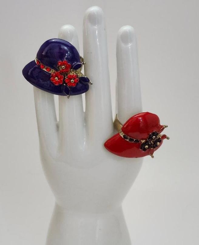 Vintage Red Hat Society Rings Adjustable Costume Jewelry Red Purple Enamel Rings