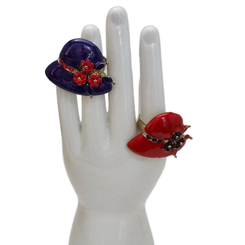 Vintage Red Hat Society Rings Adjustable Costume Jewelry Red Purple Enamel Rings
