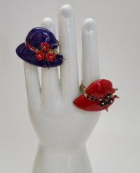 Vintage Red Hat Society Rings Adjustable Costume Jewelry Red Purple Enamel Rings