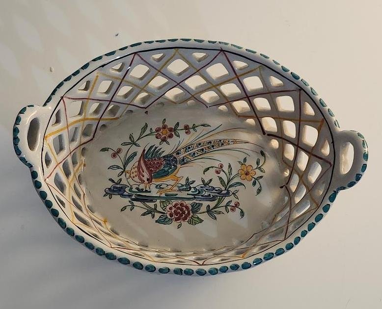 Hand Painted Portuguese Pottery Portugal Ceramic Lattice Basket Peacock Flowers