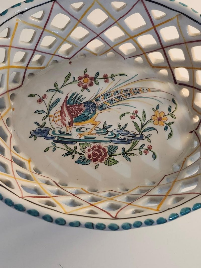 Image 1 of Hand Painted Portuguese Pottery Portugal Ceramic Lattice Basket Peacock Flowers