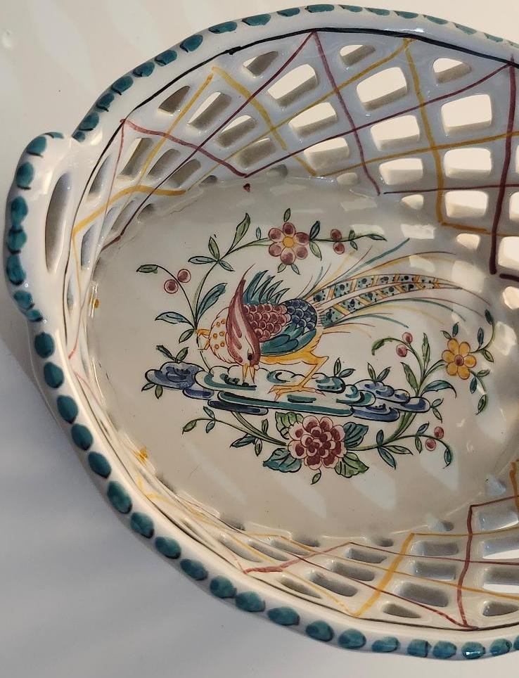 Image 2 of Hand Painted Portuguese Pottery Portugal Ceramic Lattice Basket Peacock Flowers