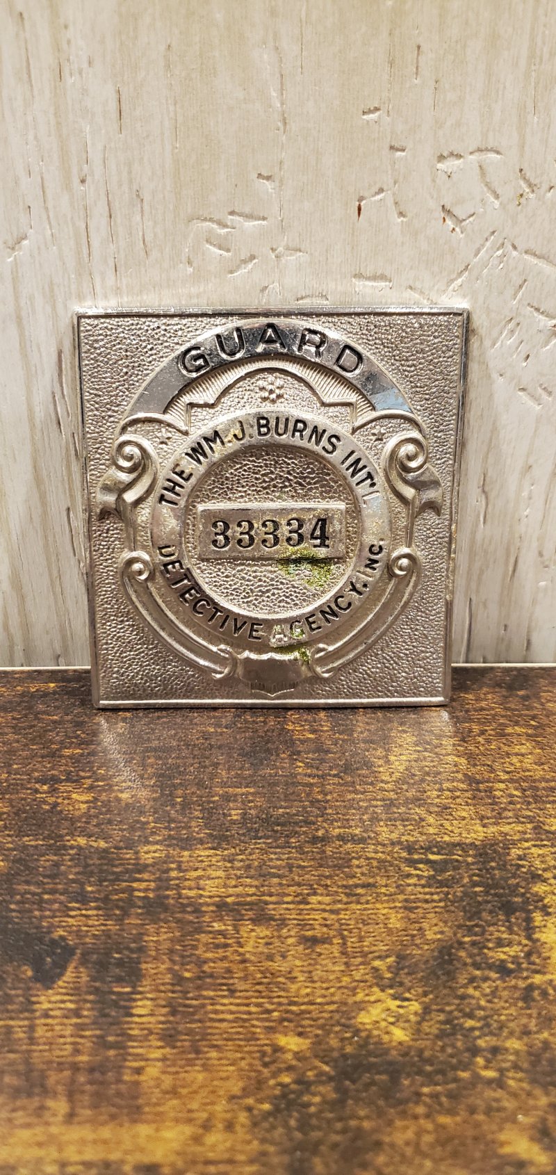 Image 0 of WM. J. BURNS INT. DETECTIVE AGENCY GUARD SQUARE BADGE (33334)