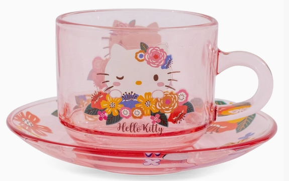 Image 1 of Sanrio Hello Kitty Flowers Glass Teacup and Saucer Set