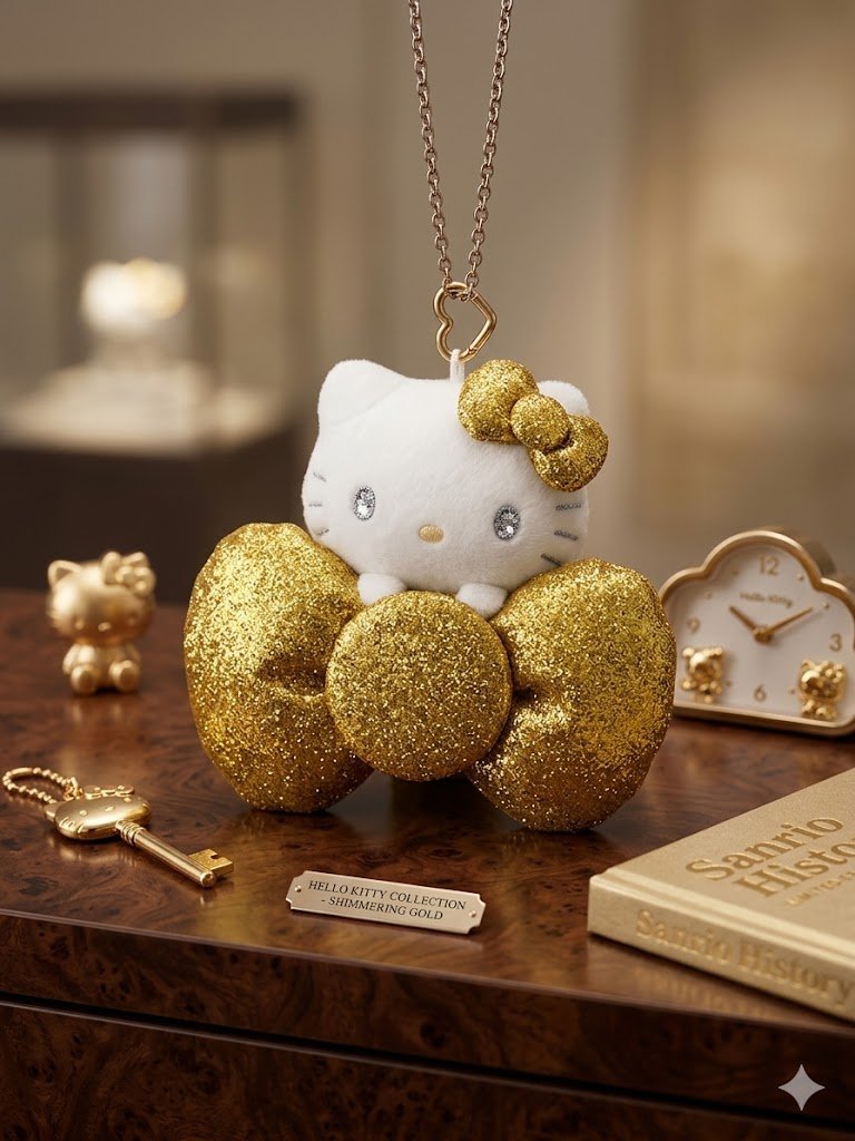 Image 0 of Sanrio Hello Kitty Shimmering Gold Bow Plush Keychain