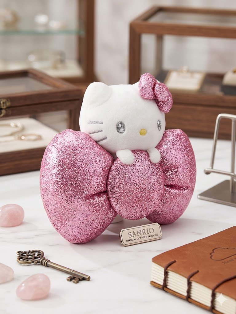 Image 1 of Sanrio Hello Kitty Shimmering Pink Bow Plush Keychain