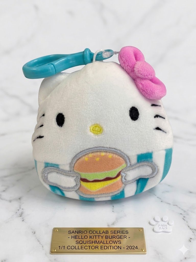 Image 0 of Official Squishmallows Sanrio Hello Kitty Burger Plush Keychain