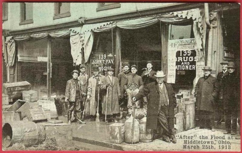 Middletown Ohio Postcard Flood 1913 Drug Store Gentlemen John T Fay Druggist