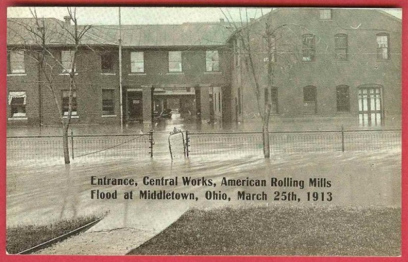 Middletown Ohio Postcard Flood 1913 American Rolling Mill Central Works Entrance