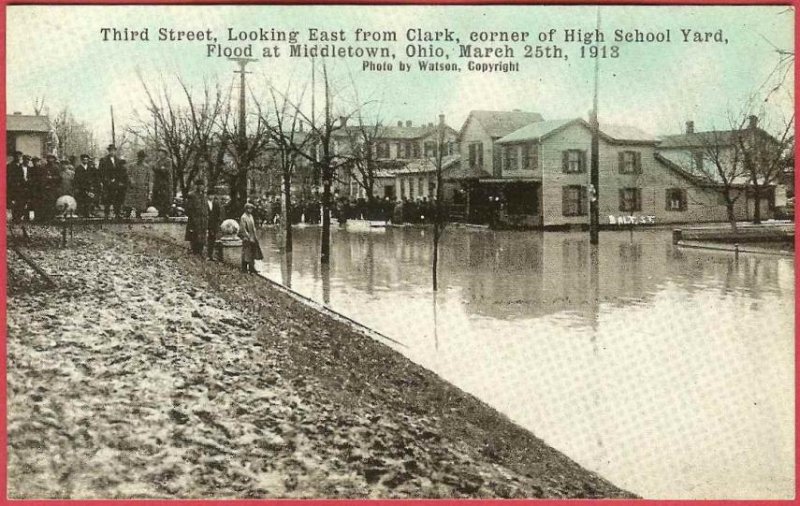 Middletown Ohio Postcard Flood 1913 Third St East Clark High School Yard People