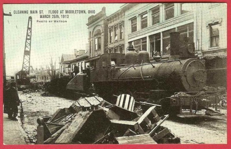 Middletown Ohio Postcard Flood 1913 RR Train Engine Stores 