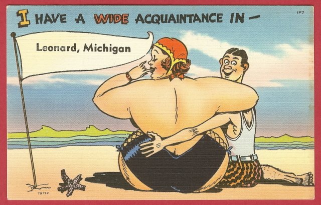 Lady, Beach, Leonard, Michigan, linen postcard