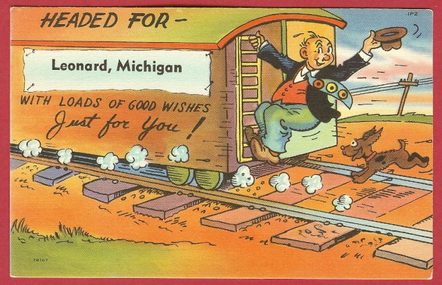 Leonard Mi Postcard Comic Man Dog Train Linen postcard BJ's 4