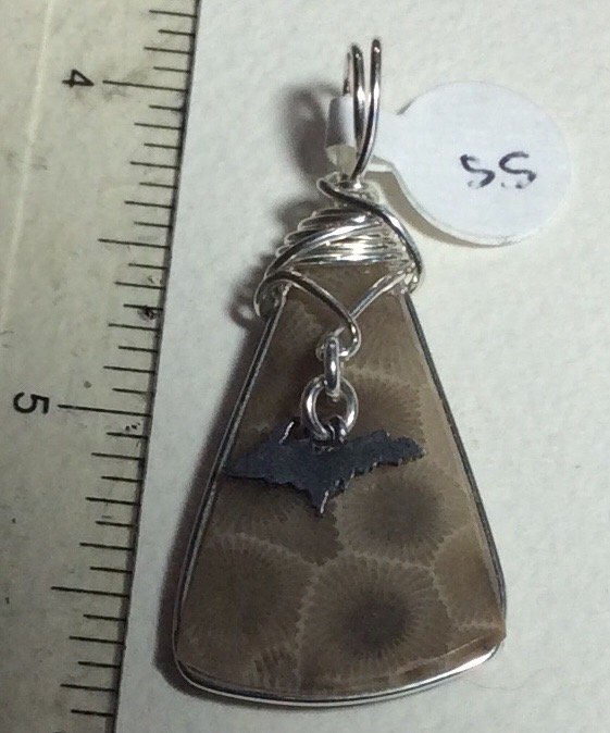 Image 1 of  Petoskey Stone Pendant with UP charm sterling Fossil Michigan 