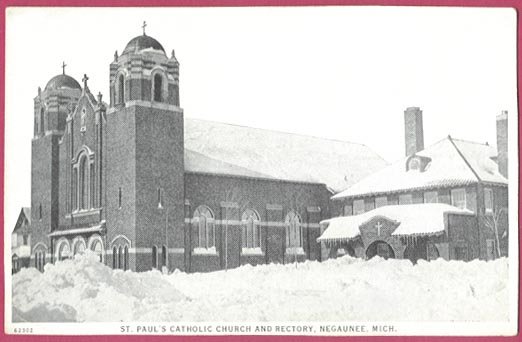 Image 0 of Negaunee Mi Postcard St Paul's Catholic Church and Rectory Snow Winter B&W