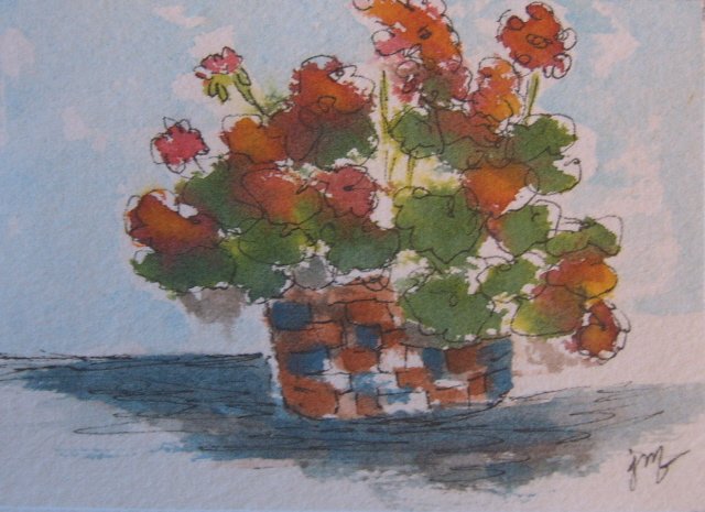 Image 0 of ACEO Original Geraniums Watercolor Miniature BJs