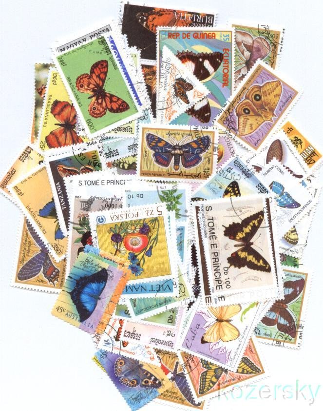 Butterflies on Stamps, Topical Stamp Packet, 50 different butterfly stamps