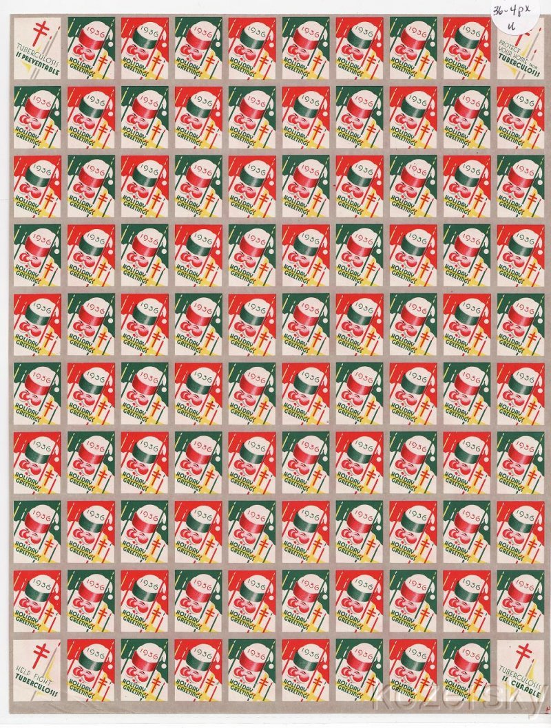 1936-4px, 1936 U.S. National Christmas Seals, Imperforate Proof Sheet