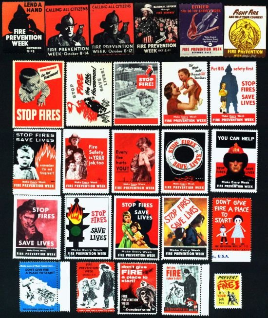 Fire Prevention Poster Stamps, 1930s-60s, 26 diff.
