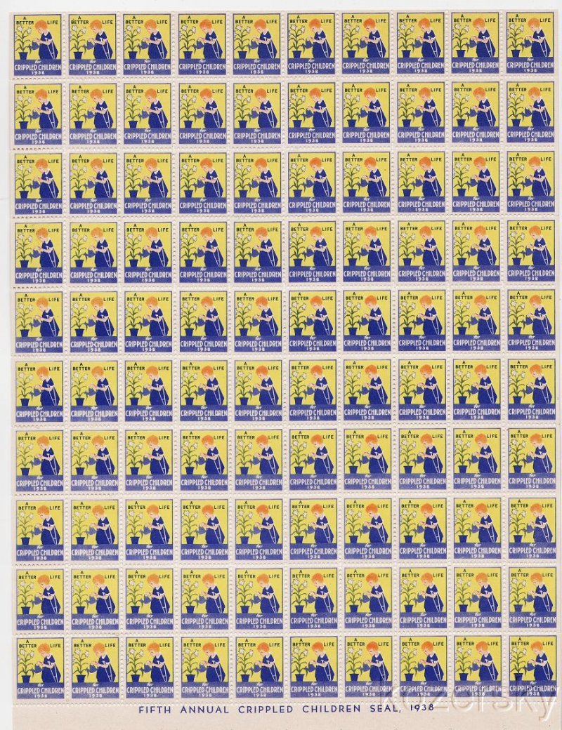 9A- 5.10x, 1938 U.S. Easter Charity Seals Sheet, pm E