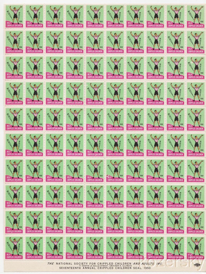 9A-18.11x, 1950 U.S. Easter Charity Seals, Sheet/100, pm E, MNH