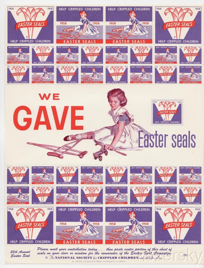 9A-30.12x, 1958 U.S. Easter Charity Seals, Sheet/41, pm F, MNH