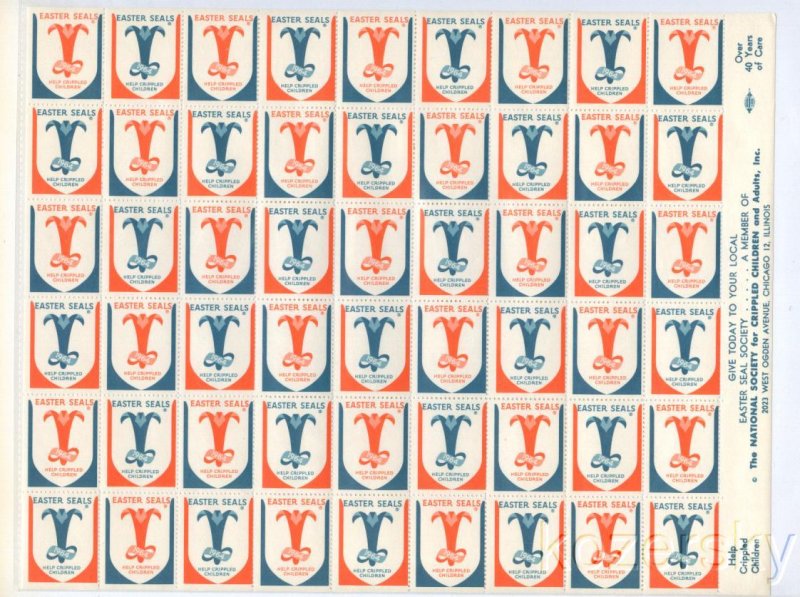 9A-37.12x, 1964 U.S. Easter Charity Seals, Sheet/54, UL F, MNH