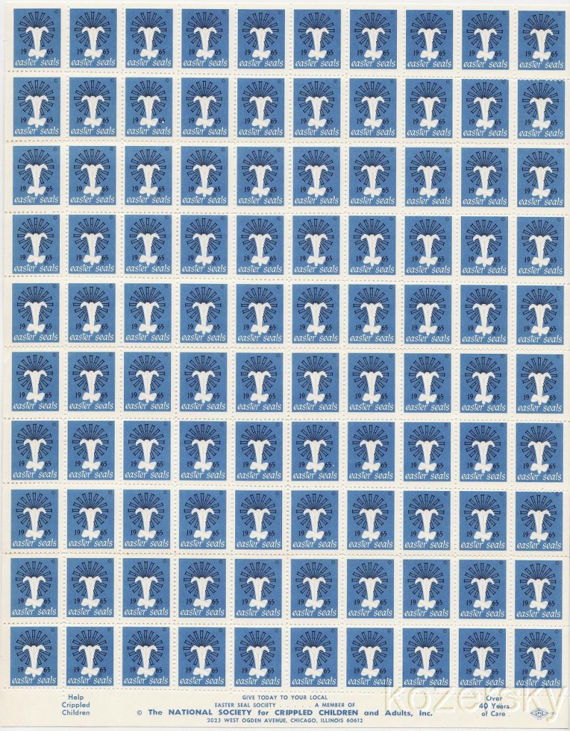 9A-38.12x, 1965 U.S. Easter Charity Seals, Sheet/100, UL (ALA) F, MNH