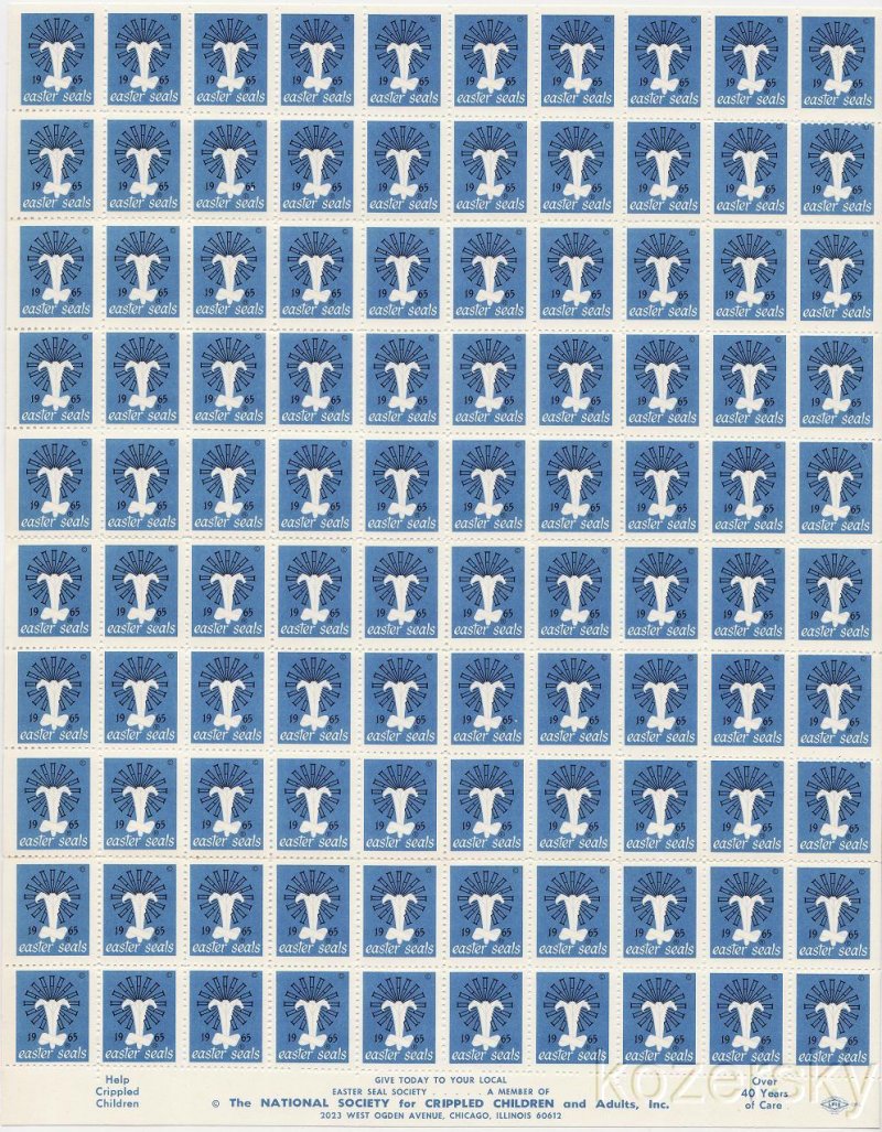 9A-38.14x, 1965 U.S. Easter Charity Seals, Sheet/100, UL R, MNH