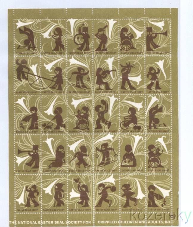 9A-42.21x, 1969 U.S. Easter Charity Seals, Sheet/30, Small Sheet, UL E, MNH